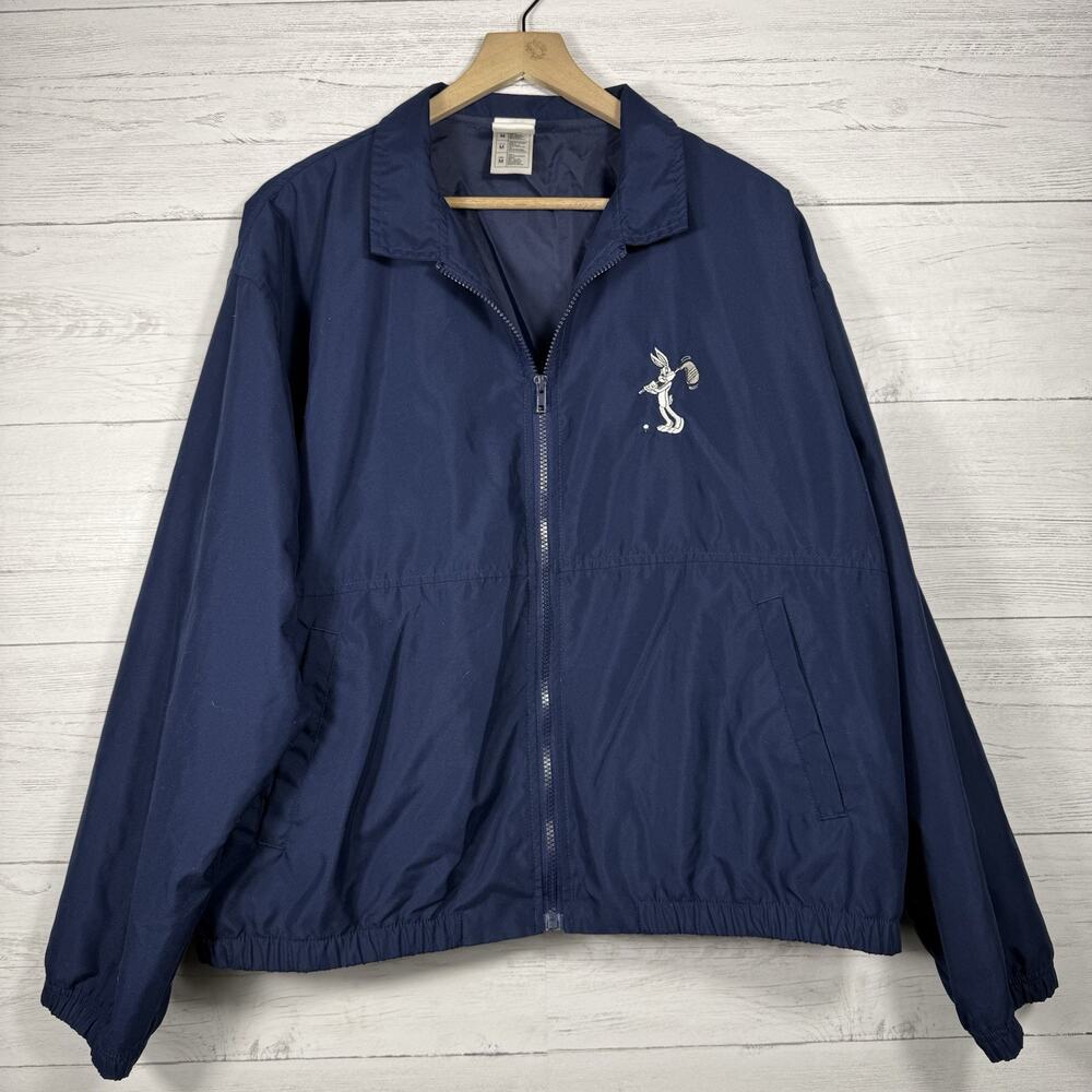 Vintage Warner Bros WB Mens size Medium Bugs Bunny Golf Bomber Jacket 2001 Navy